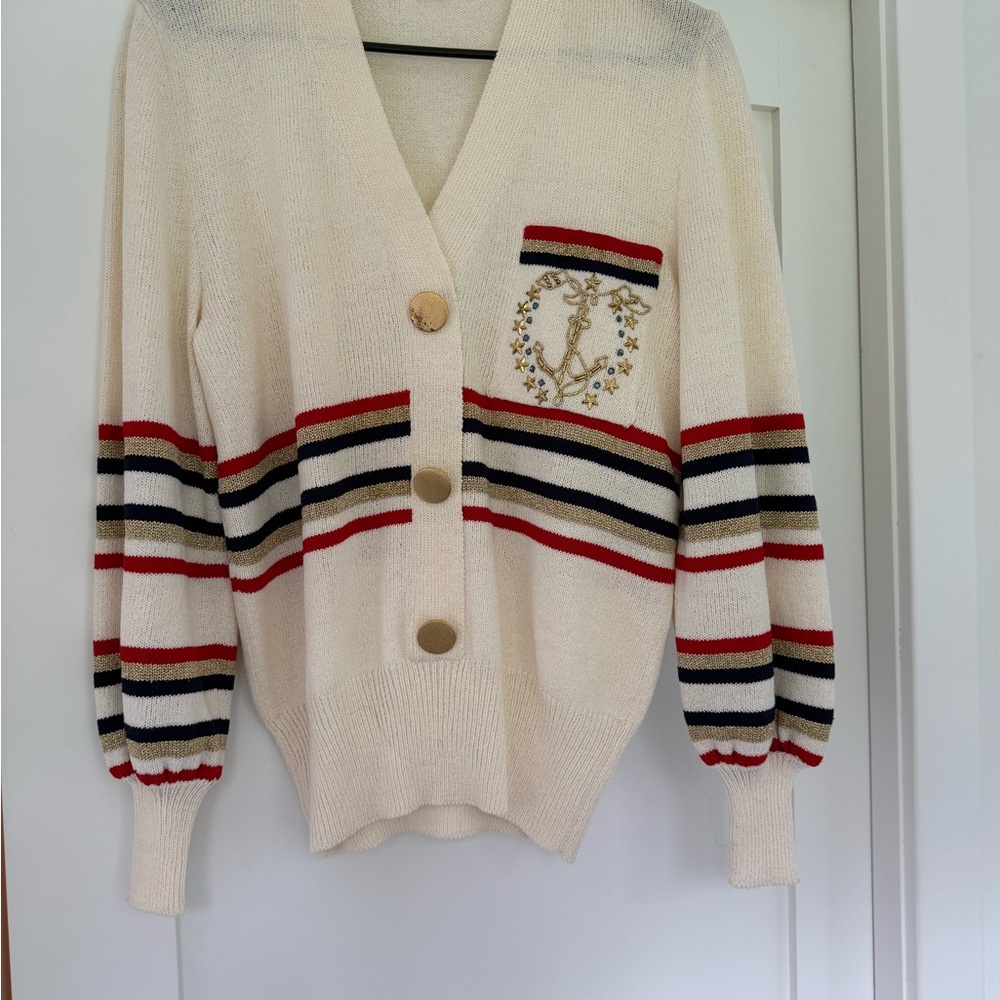 Lillie Rubin Cream Cardigan with Red and Navy Stripes and Gold Buttons